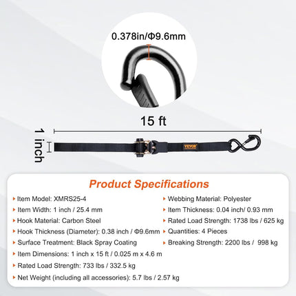 VEVOR Ratchet Tie Down Straps (4PK), 2200 lb Break Strength, 1" x 15' Heavy Duty Ratchet Tie Down Strap Set with Padded Handles, Coated S Hook, Soft Loop for Moving Appliances Motorcycle ATV Truck