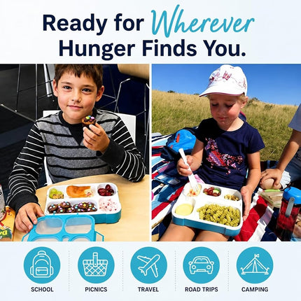 kinsho Bento-Box Lunch Boxes for Kids, Boys, Adults. Leakproof Lunch Set, Bentoboxes for School Or Work. Portion Containers. Bpa Free. 6 Compartments. Fork & Spoon. Blue & Navy Blue Large