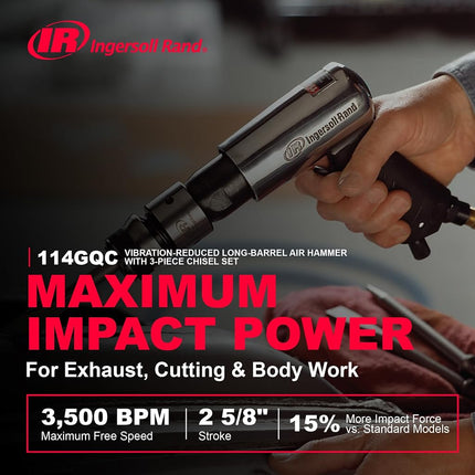 Ingersoll Rand 114GQC Air Hammer - 3 PC Chisel Set with Tapered Punch, Panel Cutter, Flat Chisel, 2-5/8 Inch stroke, 3500 BPM, Lightweight, Compact, Gray