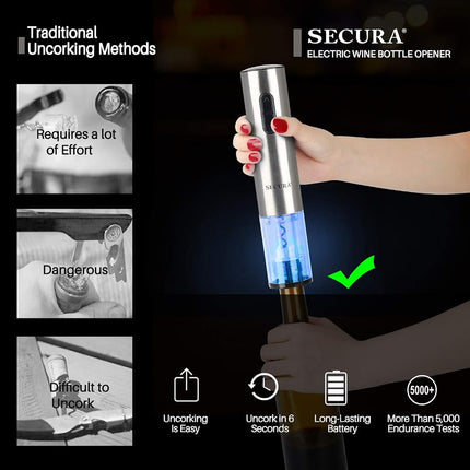 Secura E728.9251 Tire-bouchon électrique en acier inoxydable avec coupe-capsule (acier inoxydable)