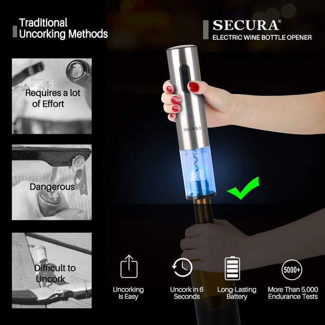 Secura E728.9251 Stainless Steel Electric Wine Opener Corkscrew Bottle Opener with Foil Cutter (Stainless Steel)