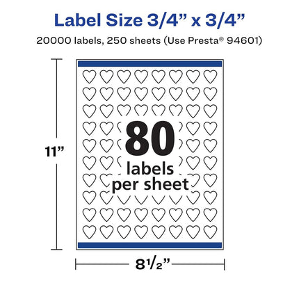 Avery Matte White Heart Labels with Sure Feed, .75" x .75", 20,000 Matte White Printable Labels