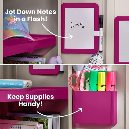 LockerMate Adjust-A-Shelf 6-Piece Locker Accessories Set, Extends to Fit Your Locker, Includes Storage Drawer, Mirror, Whiteboard, Storage Cup, Pink (50924KIT-FCH)