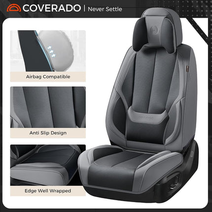 Coverado Seat Covers, Car Seat Covers Front Seats, Car Seat Cover, Car Seat Protector Waterproof, Seat Cushion Nappa Leather with Head Pillow, Carseat Cover Universal Fit for Most Cars (Gray&Black)