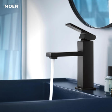 Moen Revyl Matte Black One-Handle Single Hole Modern Bathroom Sink Faucet with Optional Deckplate and Spring Loaded Drain Assembly, 84771BL