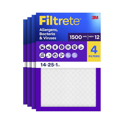 Filtrete 14x25x1 AC Furnace Air Filter, MERV 12, MPR 1500, CERTIFIED asthma & allergy friendly, 3 Month Pleated 1-Inch Electrostatic Air Cleaning Filter, 4-Pack (Actual Size 13.81x24.81x0.78 in)