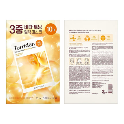 Torriden CELLMAZING Vita C Facial Mask (10 Sheets) | 5D Vitamin C, Niacinamide | Glow Boosting & Skin Tone Evening | For Dull & Tired Skin | Vegan | Korean Skincare | Facial Mask