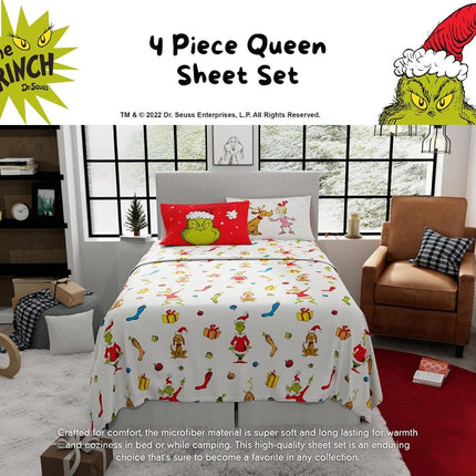 Franco Collectibles Dr. Seuss The Grinch Holiday & Christmas Bedding Super Soft Microfiber 4 Piece Queen Sheet Set, (Officially Licensed Product)