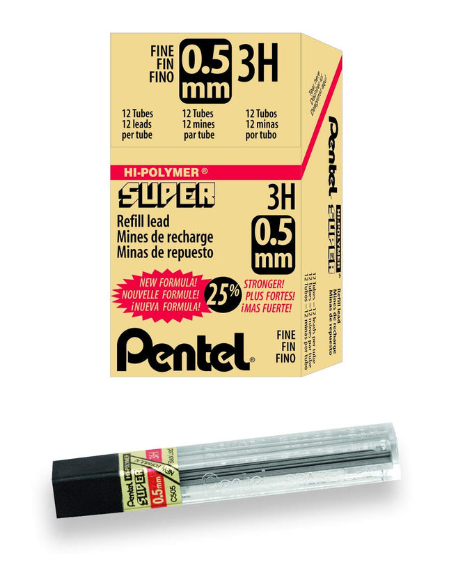 Recambio de mina Pentel Super Hi-Polymer, 0.5 mm fino, 3H, 144 minas (C505-3H)