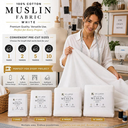 AK TRADING CO. Muslin Fabric/Textile Bleached - Draping Fabric - Bleached White 10 Yards Medium Weight - 100% Cotton (60in. Wide)