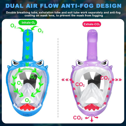 Equipo de snorkel para niños, máscara de snorkel de cara completa, set de snorkel para niños con diseño plegable antivaho y antifugas para aventuras submarinas seguras, paquete de 2
