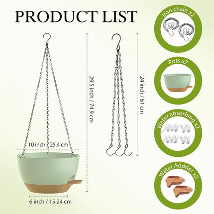 SQKH 10 Inch Hanging Baskets 2 PC with Chains, Self-Watering Hanging Planters for Indoor Outdoor Plants, Plastic Hanging Flower Pots,Green Brown