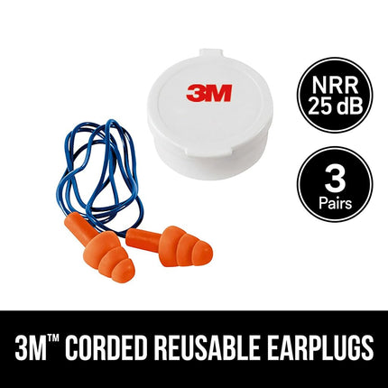 3M Corded Reusable Earplugs, 3 Pack, Noise Reduction Rating (NRR) 25 dB, Easy to Use & Insert, Pliable & Tri-Flange Design Enhances Comfort & Fit, Orange Ear Plugs (90716H3-DC), 3 Pair (Pack of 3)
