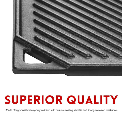 GGC Cast Iron Griddle, Reversible Flat Top Griddle for Gas Grills, Stove Tops, and Outdoor Cooking, 16.5 x 9.5 Baking Flat and Ribbed Griddle Plate for Family Cooking