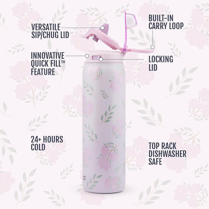Ello Pop & Fill 32oz Stainless Steel Water Bottle with QuickFill Technology, Double Walled and Vacuum Insulated Metal, Leak Proof Locking Lid, Straw and Chug, Reusable, BPA Free, Blossom Bliss
