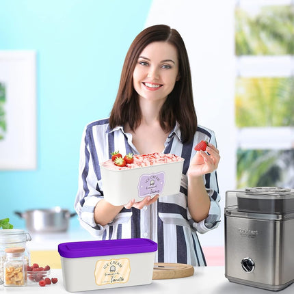 ZICOTO Set of 2 Reusable Ice Cream Tub Containers 1.6 Quart Ea. - Perfect for Homemade Sorbet, Frozen Yogurt Or Gelato - Stackable Storage Containers, Stickers And Lids Stores Easily In Freezer