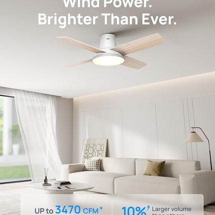 DREO Ceiling Fans with Lights, 44 inch Low Profile White Ceiling Fan, Reversible, 5CCT, 6-Level Dimmable, 6 Speeds Bedroom Ceiling Fan, Quiet, Easy to Install, Timer, Flush Mount, Remote Control