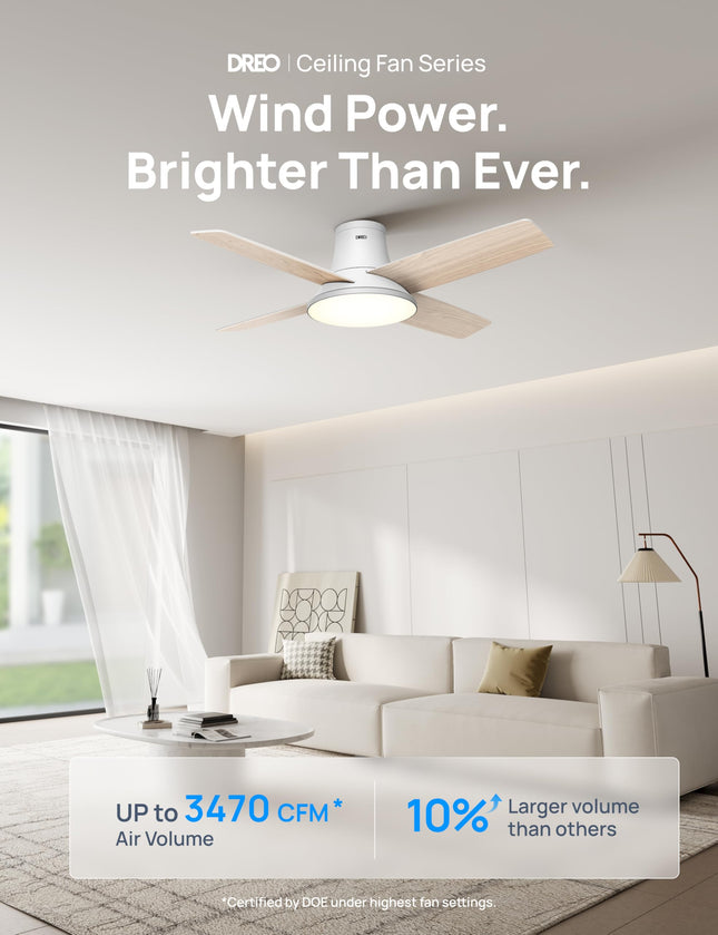 DREO Ceiling Fans with Lights, 44 inch Low Profile White Ceiling Fan, Reversible, 5CCT, 6-Level Dimmable, 6 Speeds Bedroom Ceiling Fan, Quiet, Easy to Install, Timer, Flush Mount, Remote Control