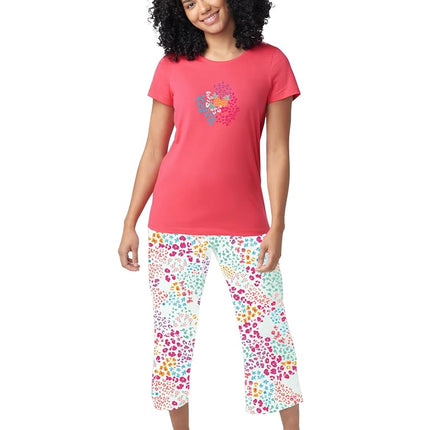 HUE Printed Knit Short Sleeve Tee and Capri 2 Piece Pajama Set Sleepwear, Dubarry - Fruity Floral Animal, S