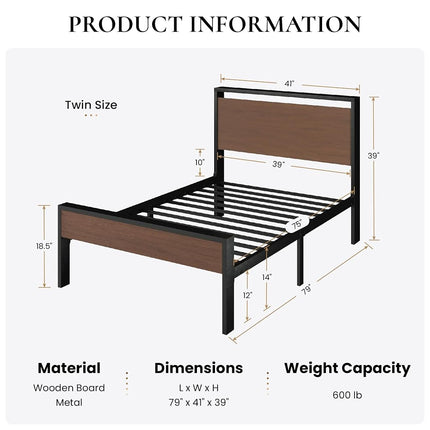 SHA CERLIN 14 Inch Twin Size Metal Platform Bed Frame with Wooden Headboard and Footboard, Mattress Foundation, No Box Spring Needed, Large Under Bed Storage, Heavy Duty Slats Support, Walnut
