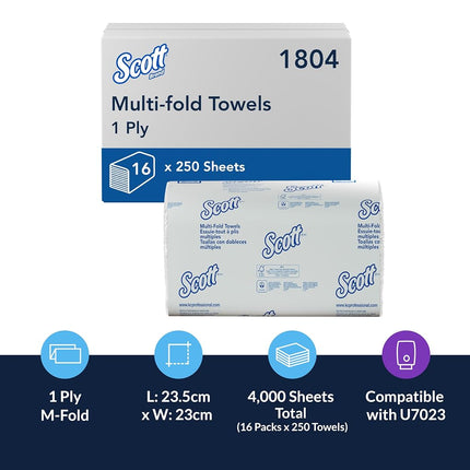 Scott Multifold Hand Towels, Z-Fold White Paper Towels for Bathroom, Soft, Strong, Eco-Friendly, Highly Absorbent, 16 Packs x 250 Z-Fold Paper Sheets (4,000 Sheets Total). Model nr. 1804