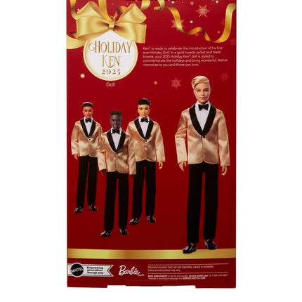 Barbie Signature 2025 Holiday Blonde Ken Collectible Fashion Doll wearing Full Suit with Golden Jacket in Displayable Packaging & Doll Stand, JGK55