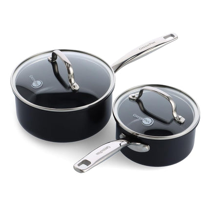 GreenPan Prime Chatham Juego de ollas de 1 y 2 cuartos con tapas de vidrio, cerámica antiadherente con infusión de diamante anodizado duro, sin PFAS, apto para lavavajillas, apto para horno, sartén multiusos, mango que se mantiene frío, negro