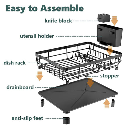AIDERLY Iron Dish Drying Rack with Drainboard Dish Drainers for Kitchen Counter Extendable Spout Strainers with Utensil Holder and Knife Slots, Brown
