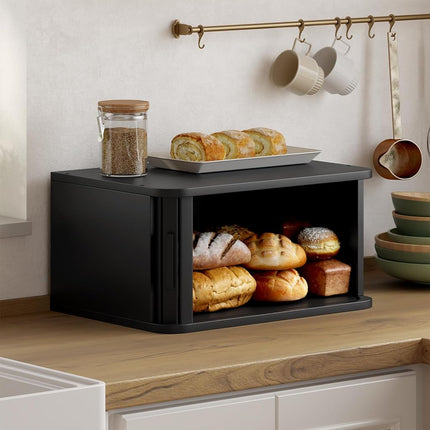 WOWLIVE Bread Box for Kitchen Countertop, Large Roll Top Bread Boxes with Sliding Door, Airtight Bread Storage Container for Loaves, Pastries & Bagels, Bamboo Counter Organizer (Black, Medium)