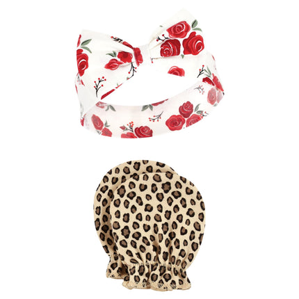 Hudson Baby Baby Girls' Cotton Headband and Scratch Mitten Set, Rose Leopard, 0-6 Months