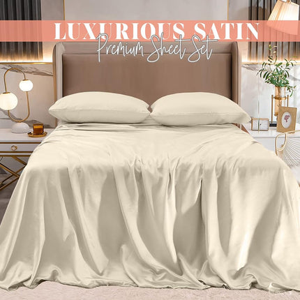 Elegant Comfort Luxurious 4-Piece Silky Satin Sheet Set, Skin and Hair Friendly, Wrinkle, Fade, Stain Resistant with Deep Pockets Fitted Sheet, Cooling Soft Satin Sheet Set, Twin, Cream