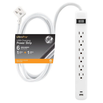 GE -Branded 82594 - 6 Output Power Supply with USB, Socket Extension, 1 USB-A, 1 USB-C, 1 m, White