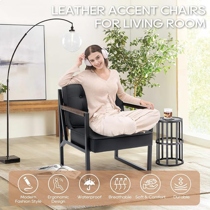 Sillón decorativo moderno de mediados de siglo COLAMY, juego de 2, cómodo sillón para sala de estar, sillón decorativo de cuero negro, sillón con reposabrazos de cuero sintético con patas de metal para sala de estar, dormitorio, recepción, oficina, negro