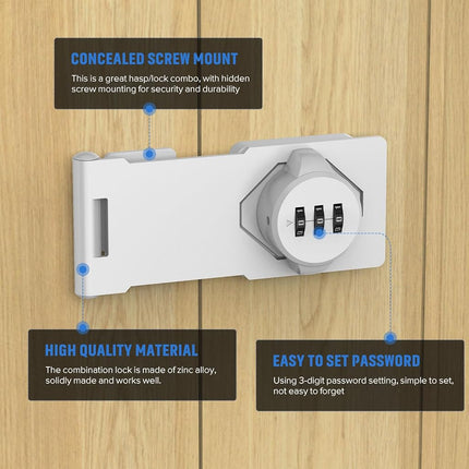 MeBantoo Household Cabinet Password Hasp Locks, Cabinet Locks with Combination, Door Security Slide Latch for Small Barn Doors, Bathroom, Outdoor, Garden (White)
