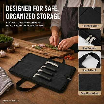 Chef's Knife Case(4 slots), Heavy Duty Waxed Canvas Knife Bag Holds 4 Knives with Handles, Portable Knife Holder for Men&Women, Perfect for Travelling, Working, Barbequing, Camping GJB440 18" x 11" Black