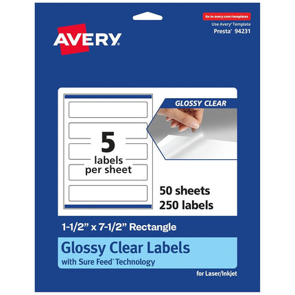 Avery Glossy Clear Rectangle Labels with Sure Feed, 1.5" x 7.5", 250 Glossy Clear Labels, Print-to-The-Edge, Laser/Inkjet Printable Labels