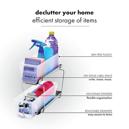 madesmart Mini 2-Tier Organizer, Multi-Purpose Slide-Out Storage with Handles and Dividers for Home and Bath, Frost