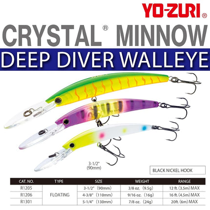 Yo-Zuri R1301W Crystal Minnow Deep Diver Walleye, Floating, 5-1/4" 7/8 oz, 2 Hook, White