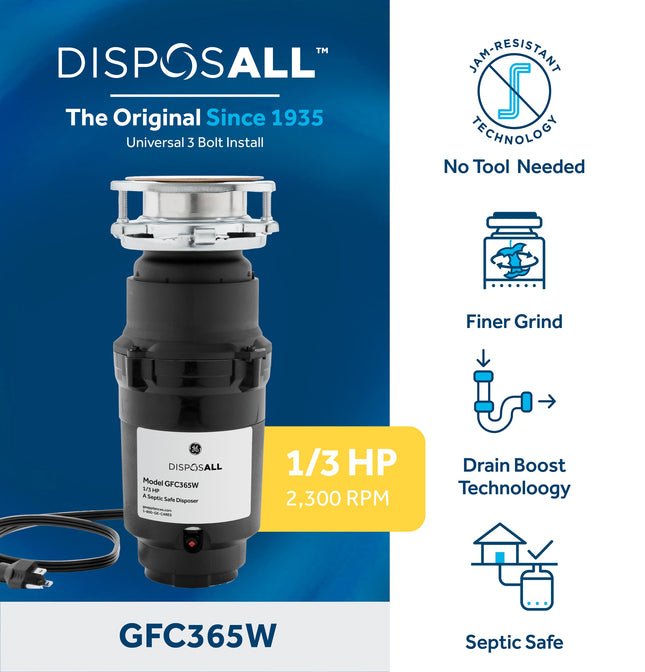 GE GFC365W Garbage Disposer, Black