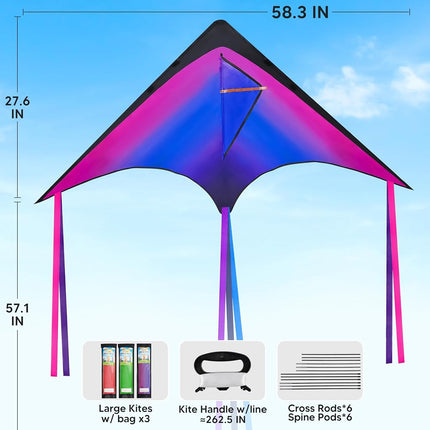 JOYIN 3 Packs Large Delta Kites in Orange, Green and Purple - Easy to Fly for Kids and Adults With 262.5 ft String - Beach Kite for Outdoor Games and Activities