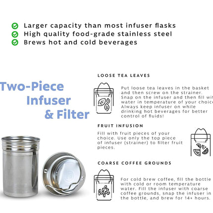 25 oz Multi-Function Travel Mug and Tumbler | Tea Infuser Water Bottle | Fruit Infused Flask | Hot & Cold Double Wall Stainless Steel Coffee Thermos | by Here & Now Supply Co. Celestial Blue