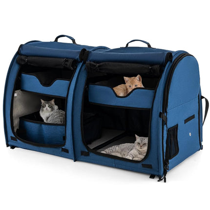 PETSITE 40 Inch Cat Carrier with Double Compartments, Portable Pet Kennel with 2 Removable Hammocks, Dual-use Mats & Litter Box, Soft-Sided Cat Dog Crate with Carry Bag & Ground Stakes (Black)