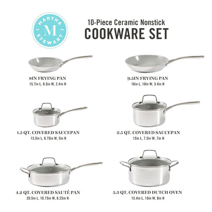 Martha Stewart Delaroux 10 Piece Stainless Steel Pots and Pans Kitchen Cookware Set w/PFAs Free Premium Nonstick Ceramic Interior