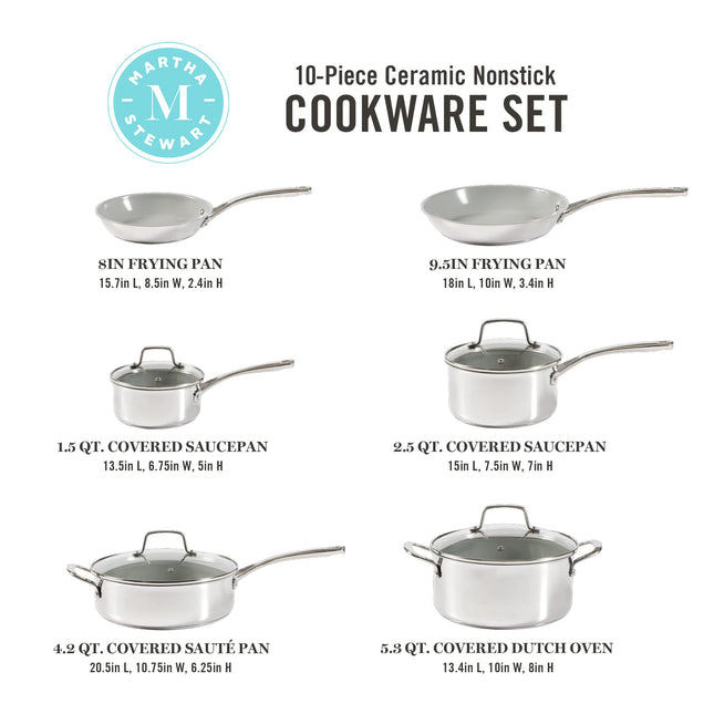 Martha Stewart Delaroux 10 Piece Stainless Steel Pots and Pans Kitchen Cookware Set w/PFAs Free Premium Nonstick Ceramic Interior