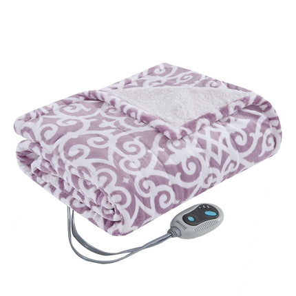 Manta térmica Beautyrest, chal ponible para regalos, poncho eléctrico de sherpa a forro polar, apagado automático, prácticamente sin campos electromagnéticos, 3 niveles de calor, certificado UL, lavable a máquina, diseño de celosía lavanda 50"x64"