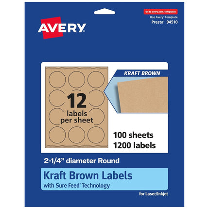 Avery Kraft Brown Round Labels with Sure Feed, 2.25" Diameter, 1,200 Kraft Brown Labels, Print-to-The-Edge, Laser/Inkjet Printable Labels