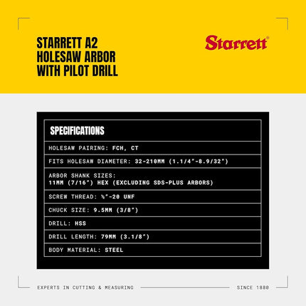 Starrett - A2 Arbor To Suit 32mm-210mm Holesaws