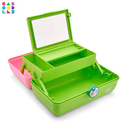 Caboodles On-The-Go Girl Makeup Box, Two-Tone Pink on Neon Green, Hard Plastic Makeup Organizer Box, Built-in Mirror, Secure Latch for Safe Travel, Spacious Storage for Large Items