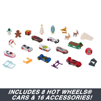 Hot Wheels Advent Calendar, 8 Hot Wheels Cars and 16 Winter-Themed Accessories behind 24 Numbered Doors Plus a Playmat, For Kids & Hot Wheels Fans, HKL74
