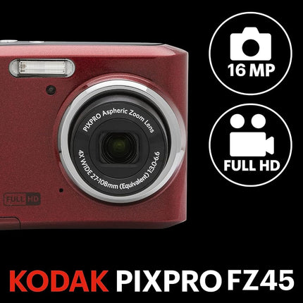 KODAK Pixpro FZ45 – 16.44 Megapixel Compact Digital Camera, 4x Optical Zoom, 2.7-inch LCD Screen, 720p HD Video Recording, AA Battery Included – Red